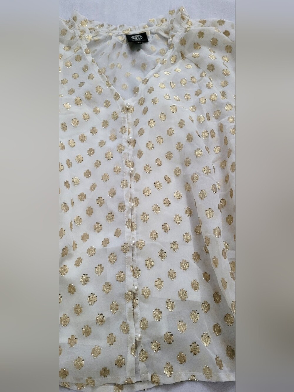 NWOT! Polka Dot Fall Top Gold Foil Pearl Embellished Women's Sheer Blouse Small - Picture 14 of 17